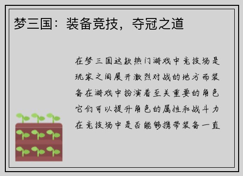 梦三国：装备竞技，夺冠之道