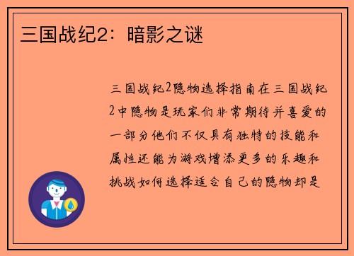 三国战纪2：暗影之谜
